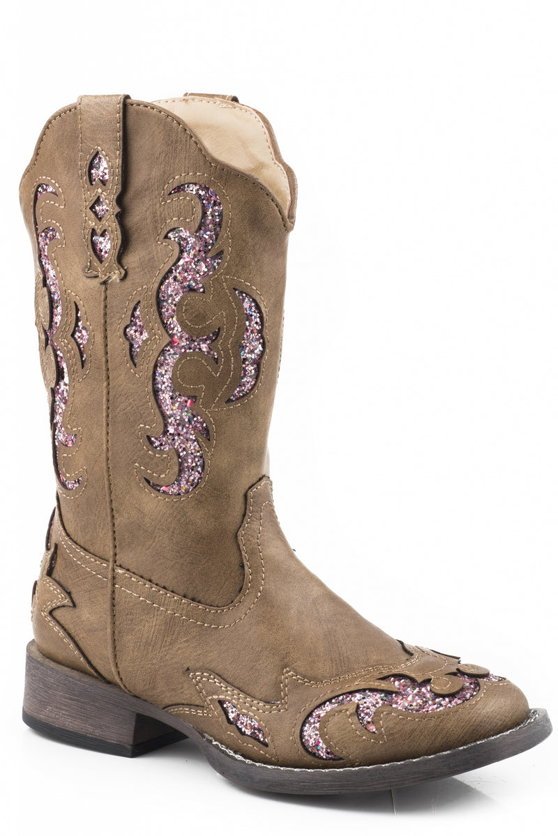 Roper Kids Tan with Pink Glitter Underlay Western Boots
