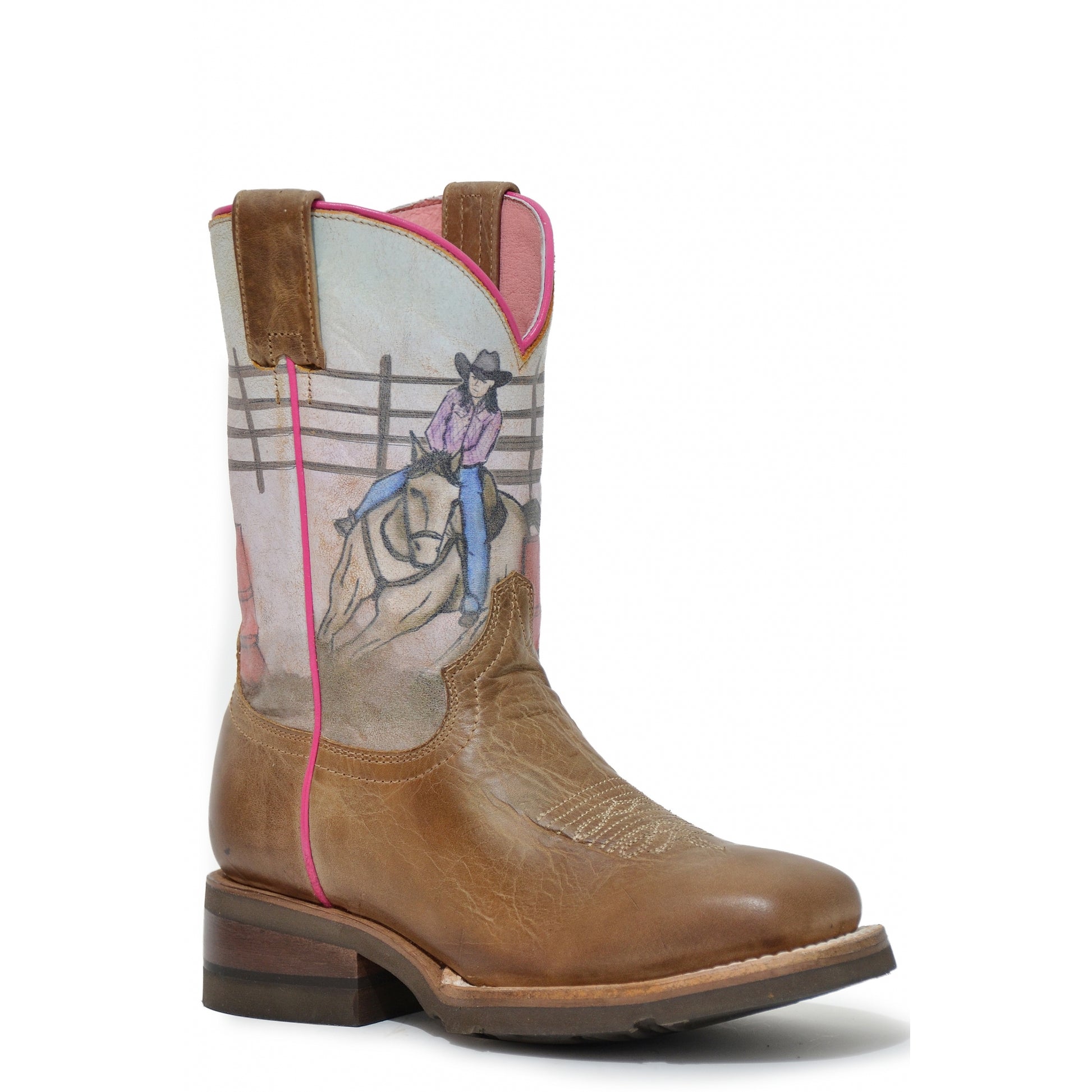 Roper Kids Barrel Racer Printed Geo Sole Leather Boots