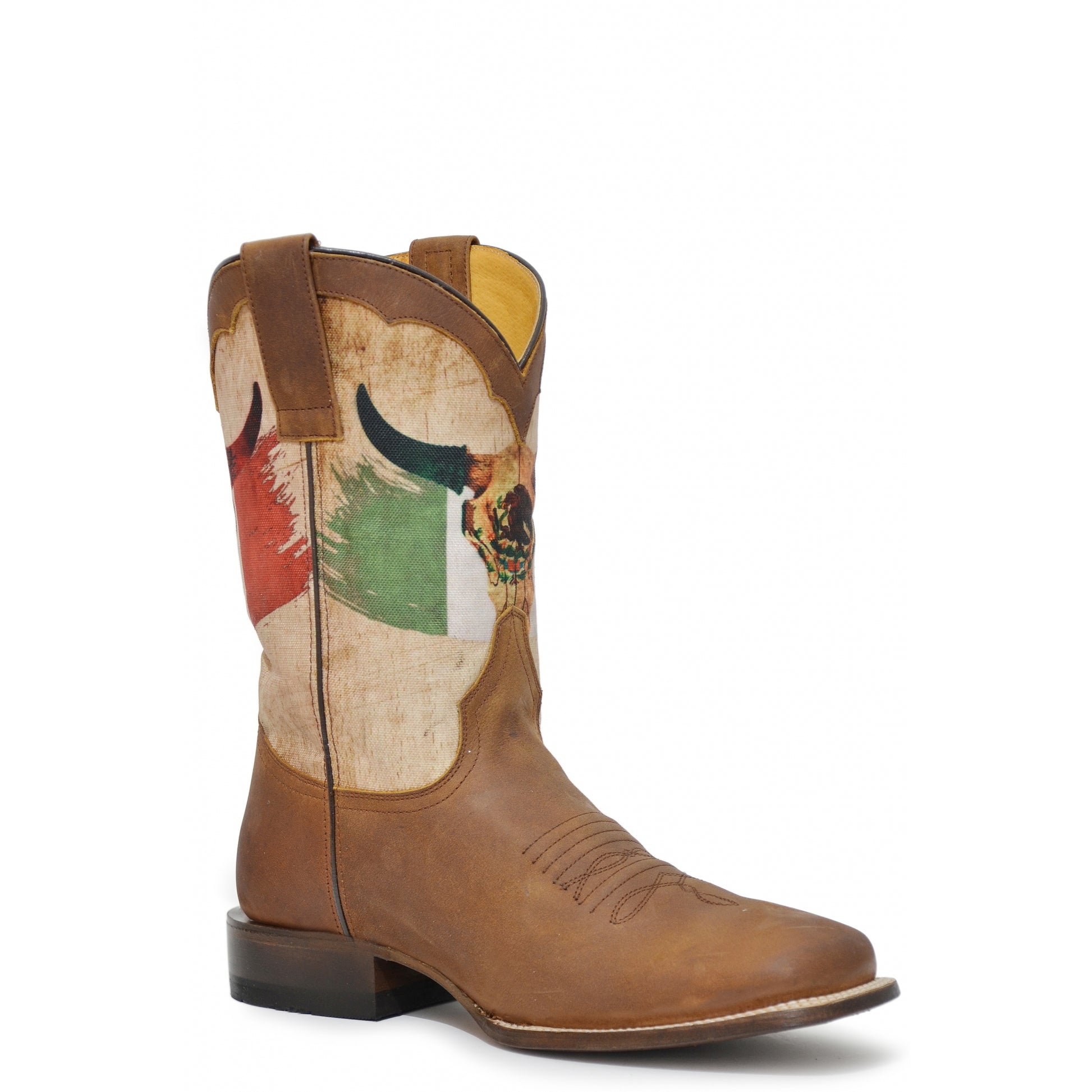 Roper Mens Square Toe Printed Mexican Flag & Skull 11" Shaft Leather Boots
