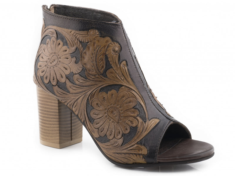 Roper Ladies Tooled Leather Back Zip Open Toe Sandals