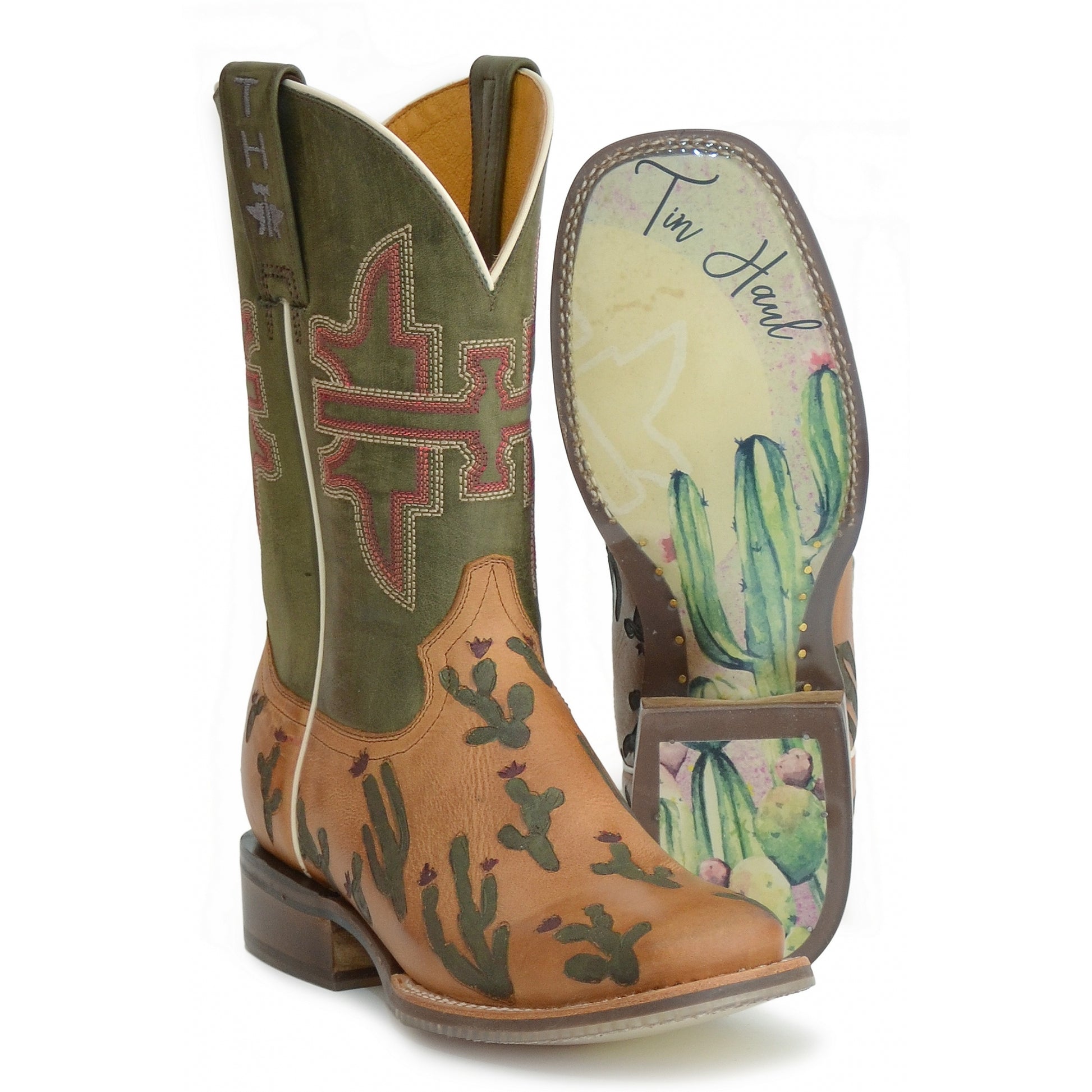 Tin Haul Ladies Square Toe Boots - Cactaplicity with Desert Moon Sole
