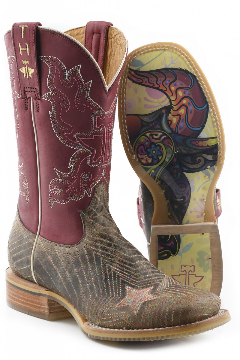 Tin Haul Ladies Square Toe Boots - Super Nova Star with Bull Doodles Sole