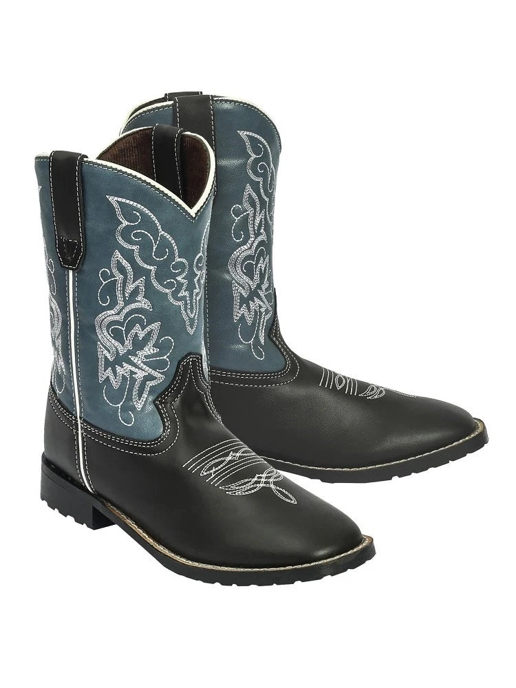 TuffRider Children's Yellowstone Rounded Toe Western Boot- Mocha with Blue- 10C
