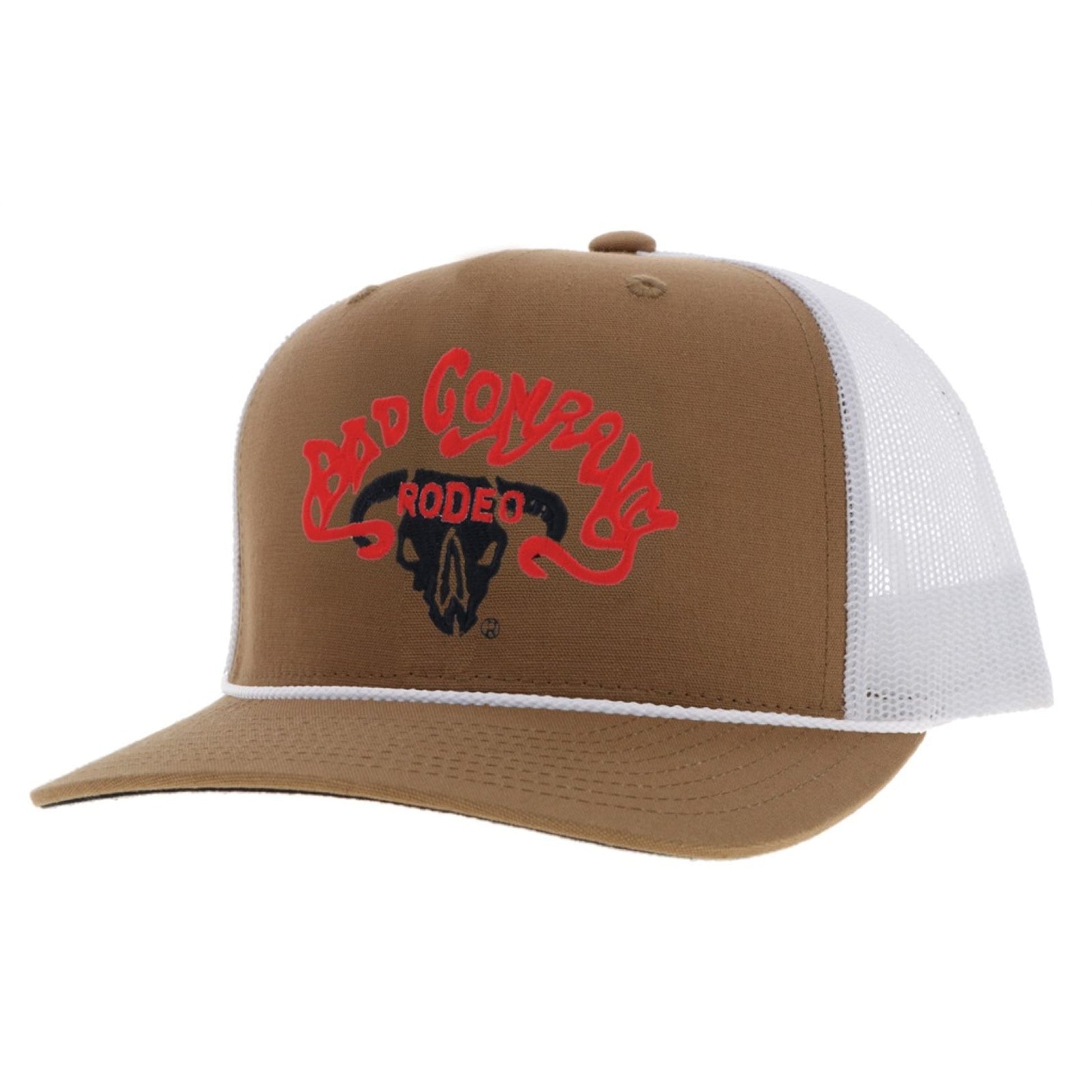 Bad Company Tan / White 5-Panel Trucker with Black / Red Embroidery Logo