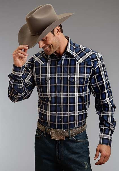 Stetson Mens Winter III Night Sky Plaid Long Sleeve Snap Shirt