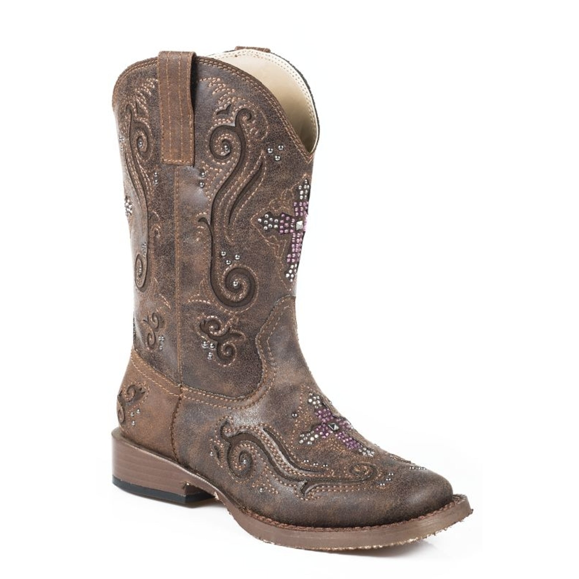 Roper Kids Sq 9in Faux Leather Cross Brn Boots