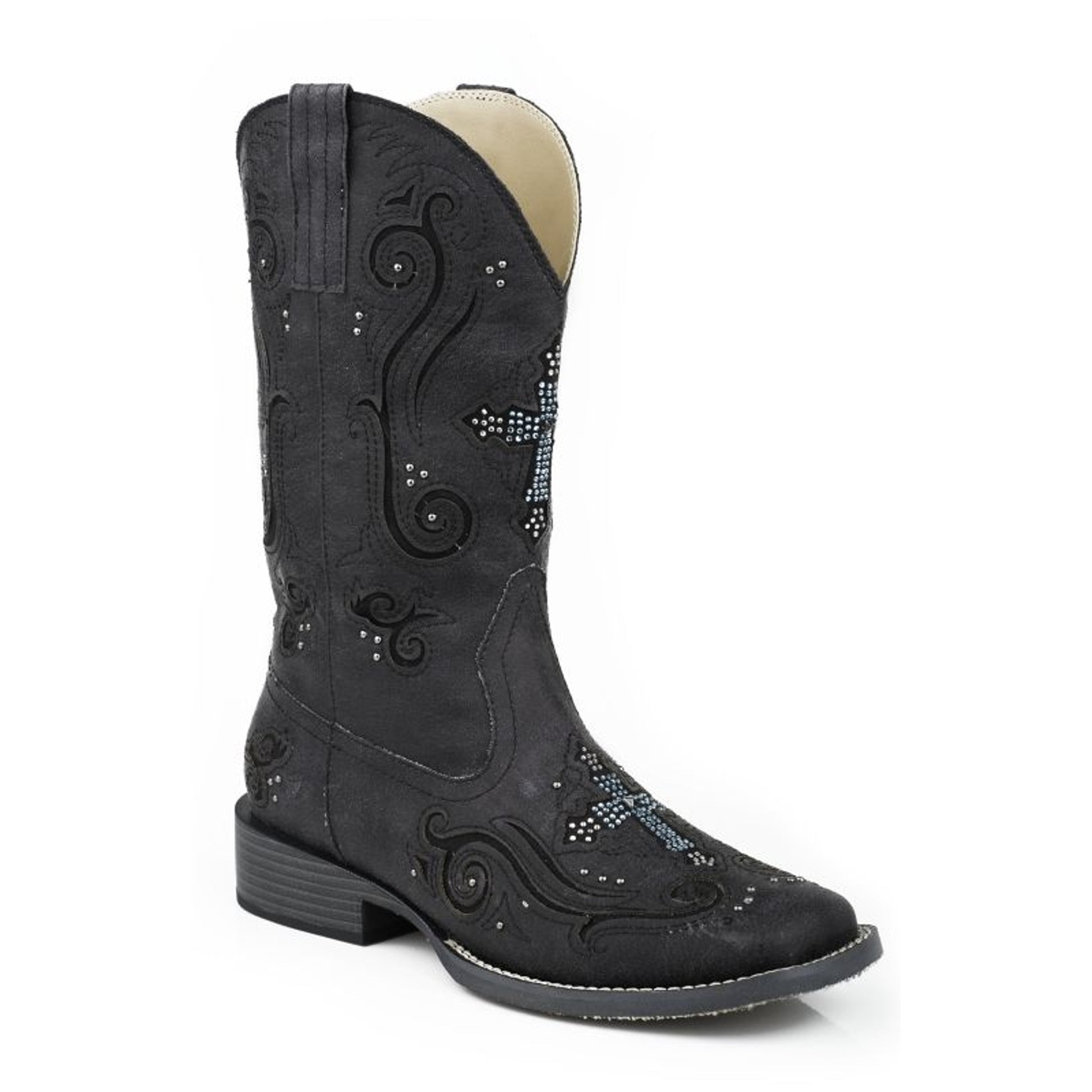 Roper Ladies Sq 11in Crystal Cross Blk Boots
