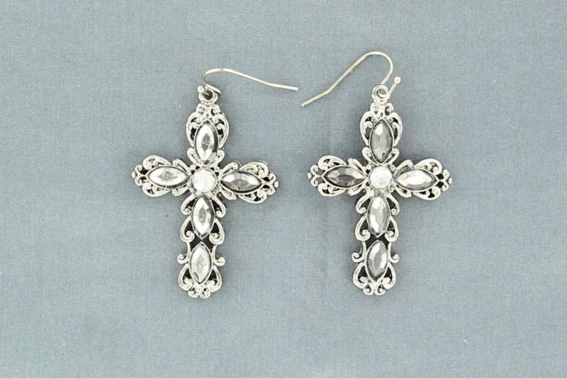 Blazin Roxx Ornate Crystal Cross EarringsBk/Wh