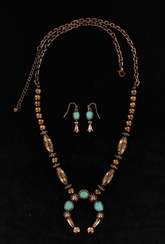 Burnished Embossed Stone Neck/Ear SetCop/Turq