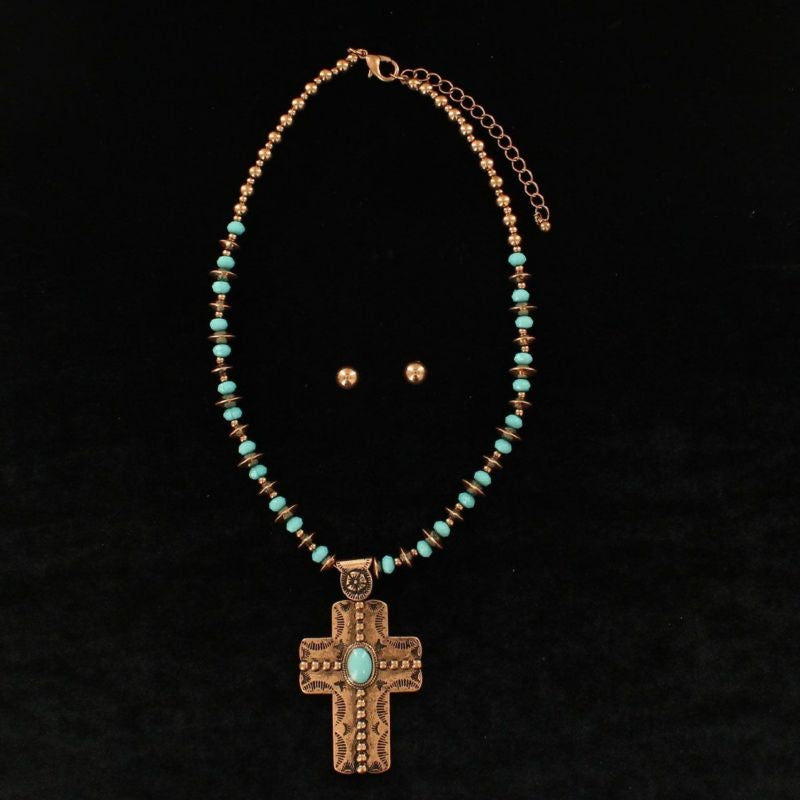 Stone Disc Chain/Stone Cross Emboss PendantBk/Wh
