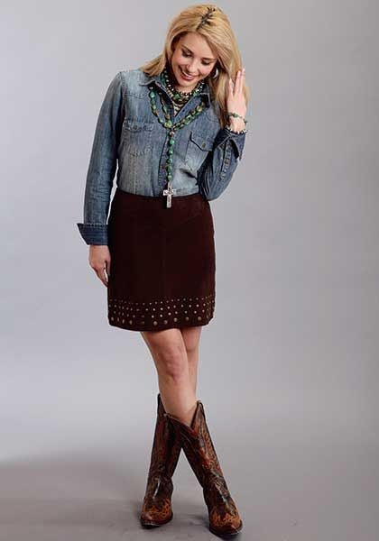Stetson Ladies Suede Lamb Skirt With Nailheads 10 Brn