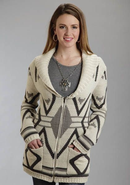 Stetson Ladies Aztec Intarsia Zipper Cardigan L Br
