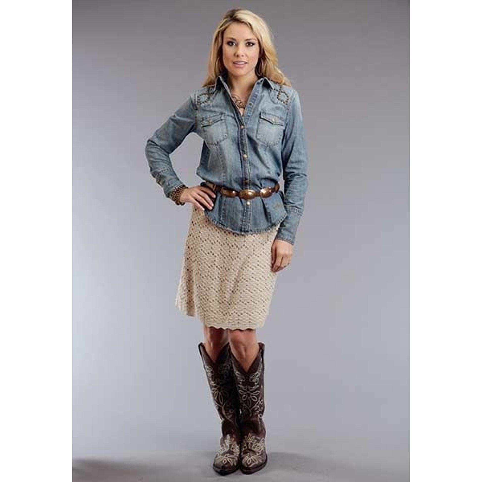 Ladies Denim LS Stud Embellished Blouse LG Blue
