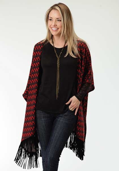 Roper Ladies Plus Chevron Sweater Poncho 2/3X Red