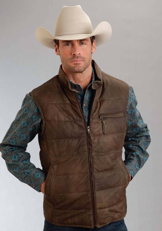 Stetson Men's Leather Puffy Vest - Brown Large Bro