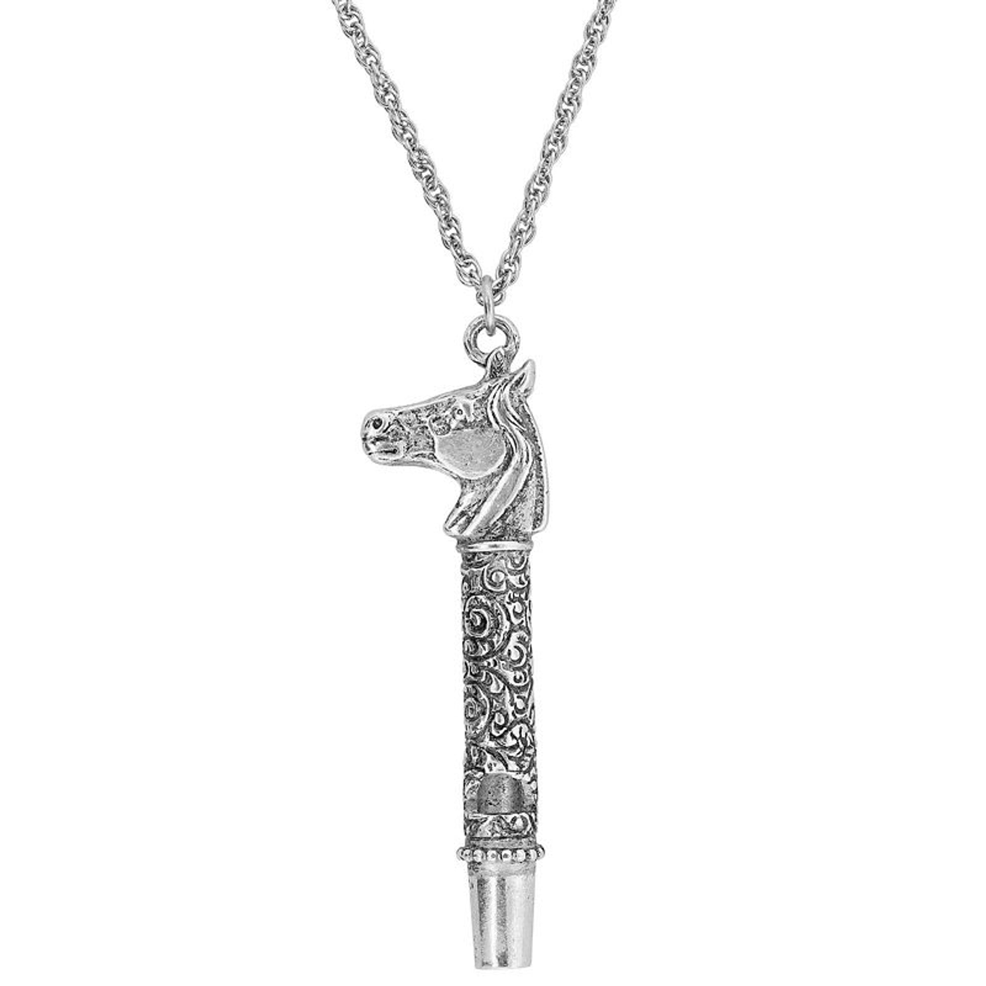 1928 Jewelry Horse Head Whistle Necklace 30" Pewte